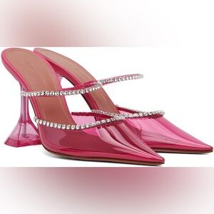 Amina Muaddi Pink Heels with Rhinestone Straps